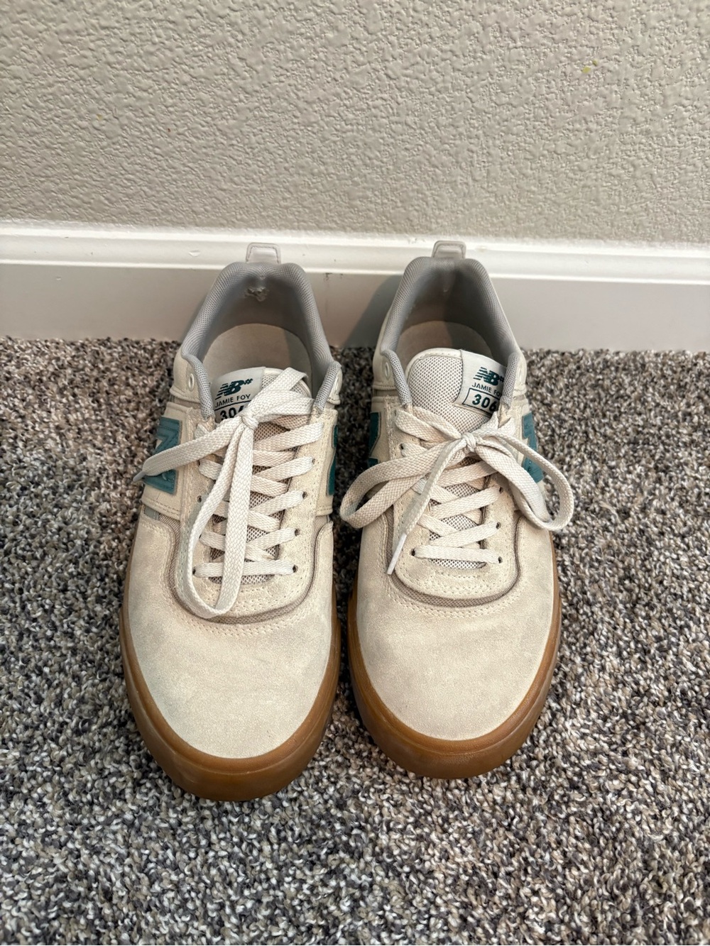 New Balance Men’s Jamie Foy 306 Cream Suede Sneakers with Teal Logo and Gum Sole